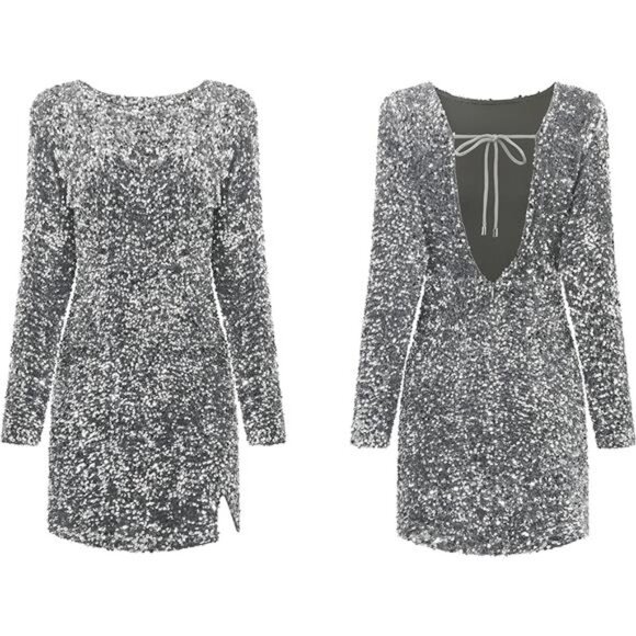 Women's Sequin Dress Velvet Warm Long Sleeve Silver - Picture 6 of 6